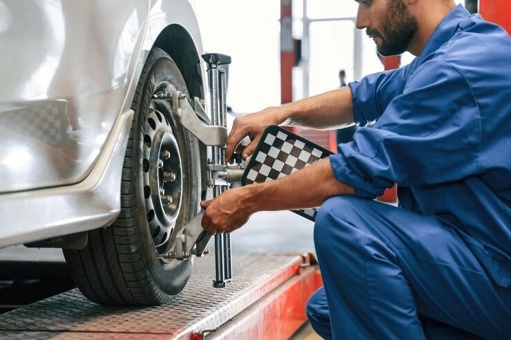 Auto mechanic performing wheel alignment service in a garage.