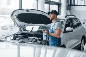 Firestone Buckner employee in uniform assisting customer with vehicle maintenance in automotive salon.