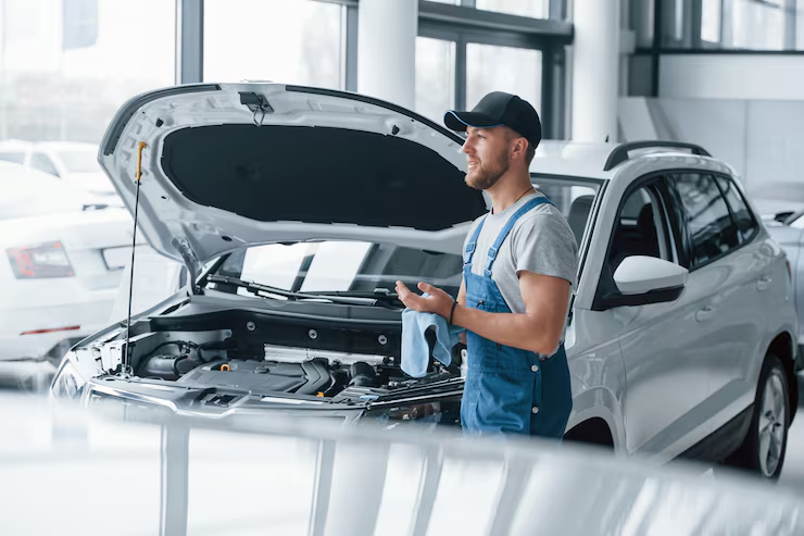 Firestone Buckner automotive expert examining car engine and tires in salon.